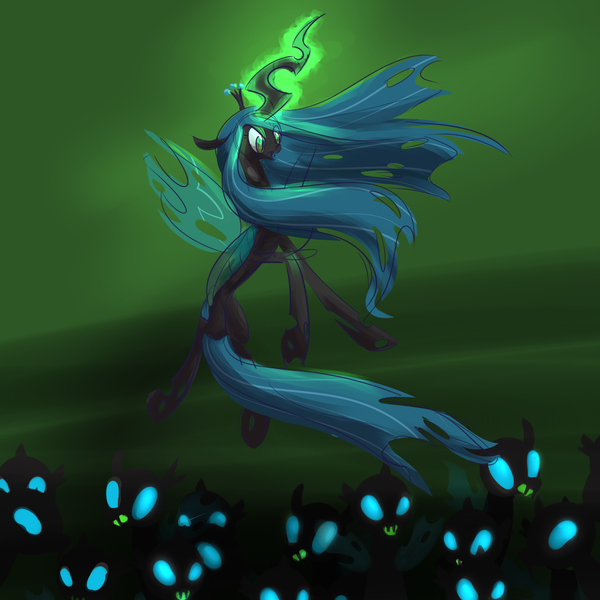 Size: 2000x2000 | Tagged: safe, artist:ponygoggles, derpibooru import, queen chrysalis, changeling, changeling queen, changeling swarm, fangs, female, floppy ears, flying, frown, glowing eyes, glowing horn, high res, horn, image, open mouth, png, slit eyes