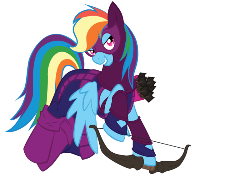 Size: 842x595 | Tagged: artist:tiakaneko, costume, derpibooru import, hawkeye, rainbow dash, safe, solo