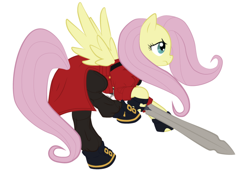 Size: 842x595 | Tagged: artist:tiakaneko, costume, dante (devil may cry), derpibooru import, devil may cry, devil may cry 3, fluttershy, safe, solo, sword