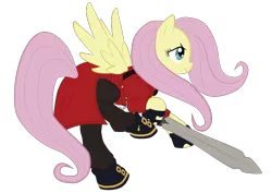 Size: 842x595 | Tagged: artist:tiakaneko, costume, dante (devil may cry), derpibooru import, devil may cry, devil may cry 3, fluttershy, safe, solo, sword