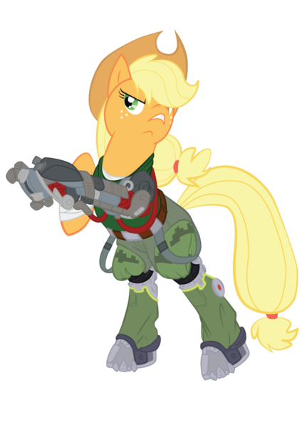 Size: 595x842 | Tagged: safe, artist:tiakaneko, derpibooru import, applejack, cyborg, pony, bionic commando, bipedal, simple background, solo