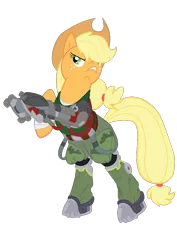 Size: 595x842 | Tagged: safe, artist:tiakaneko, derpibooru import, applejack, cyborg, pony, bionic commando, bipedal, simple background, solo