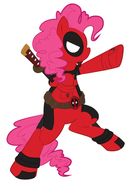 Size: 595x842 | Tagged: safe, artist:tiakaneko, derpibooru import, pinkie pie, costume, crossover, deadpool, pinkiepool, solo