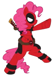 Size: 595x842 | Tagged: safe, artist:tiakaneko, derpibooru import, pinkie pie, costume, crossover, deadpool, pinkiepool, solo