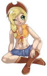 Size: 442x712 | Tagged: applejack, artist:smokeflare, belly button, derpibooru import, humanized, midriff, safe, simple background, sitting, solo, wink
