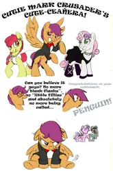 Size: 831x1260 | Tagged: apple bloom, artist:rannva, clothes, derpibooru import, diamond tiara, dress, glasses, safe, scootaloo, silver spoon, suit, suitaloo, sweetie belle, tuxedo