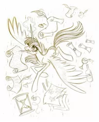 Size: 1304x1600 | Tagged: safe, artist:lauren faust, derpibooru import, oc, oc:fausticorn, unofficial characters only, pony, bottle, feather, female, glass, hourglass, lauren faust, mare, monochrome, mouth hold, quill, scroll, sketch, spread wings, wine, wings