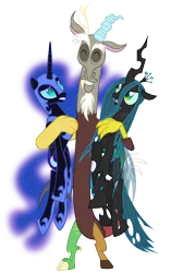 Size: 3140x4995 | Tagged: safe, artist:zutheskunk traces, derpibooru import, discord, nightmare moon, queen chrysalis, alicorn, changeling, changeling queen, draconequus, pony, .svg available, antagonist, chaos is magic, ethereal mane, eyes closed, female, hug, male, mare, protagonist, simple background, smiling, transparent background, trio, vector, vector trace