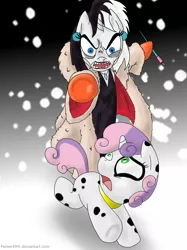 Size: 1936x2592 | Tagged: safe, artist:flowersimh, derpibooru import, rarity, sweetie belle, pony, 101 dalmatians, bipedal, cruella de vil