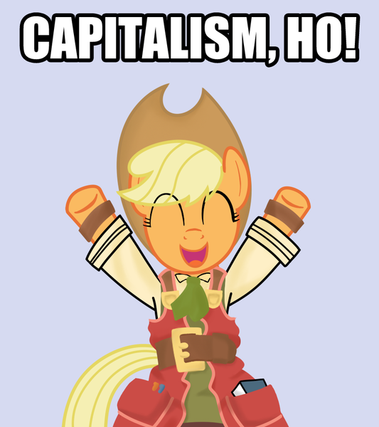 Size: 800x900 | Tagged: safe, artist:smile, derpibooru import, applejack, pony, bipedal, capitalism, clothes, crossover, recette, recettear, simple background, solo