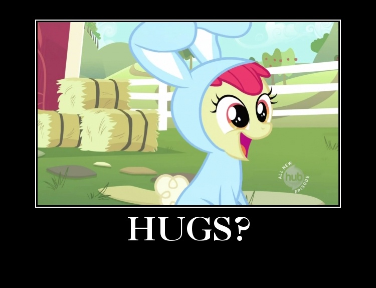 Size: 750x574 | Tagged: safe, derpibooru import, edit, screencap, apple bloom, earth pony, pony, family appreciation day, adorabloom, bronybait, bunny bloom, bunny costume, clothes, cute, female, filly, hub logo, hug, hug request, motivational poster, open mouth, question, smiling