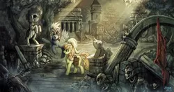 Size: 1200x635 | Tagged: safe, artist:ziom05, derpibooru import, carrot top, derpy hooves, golden harvest, pegasus, pony, undead, derpy's and carrot top's journey, armor, female, mare, ruins, scenery, scenery porn, skeleton, statue