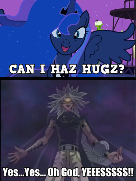 Size: 634x840 | Tagged: crossover, derpibooru import, hug, marik ishtar, melvin, parody, princess luna, safe, yami marik, yu-gi-oh!, yu-gi-oh! abridged