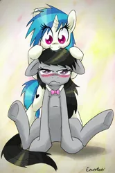 Size: 2216x3345 | Tagged: artist:eeveetachi, blushing, derpibooru import, drool, high res, nom, octavia is not amused, octavia melody, safe, unamused, vinyl scratch