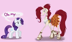 Size: 2252x1317 | Tagged: artist:calicopikachu, clothes, crossover, derpibooru import, female, high heels, horse-pony interaction, mare, rarity, safe, skirt, struts