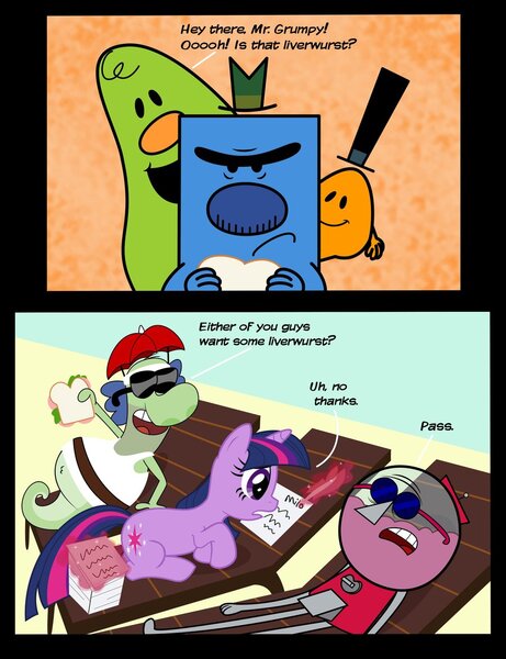 Size: 900x1171 | Tagged: artist:cartuneslover16, benson, comic, crossover, derpibooru import, fish hooks, regular show, safe, the mr. men show, twilight sparkle, wat