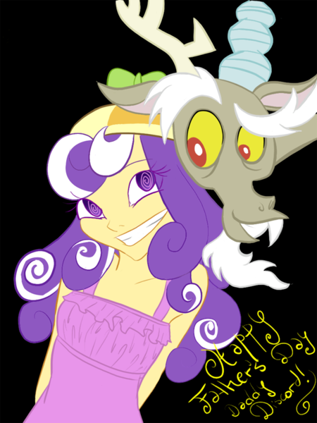 Size: 675x900 | Tagged: artist:solanxpsychopathic, clothes, daddy discord, derpibooru import, discord, dress, father's day, hat, humanized, propeller hat, safe, screwball, smiling, swirly eyes