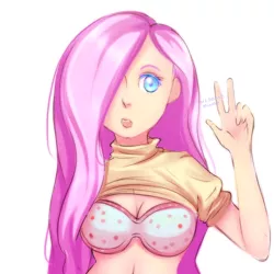 Size: 700x700 | Tagged: artist:awesom3alligator, bra, breasts, cleavage, clothes, derpibooru import, female, fluttershy, humanized, polka dot underwear, shirt lift, solo, solo female, suggestive, underwear, white underwear