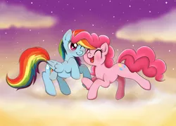 Size: 2800x2000 | Tagged: dead source, safe, artist:maplesunrise, derpibooru import, pinkie pie, rainbow dash, blushing, cloud, cloudy, cute, eyes closed, female, high res, holding hooves, lesbian, nuzzling, open mouth, pinkiedash, shipping, smiling, wink