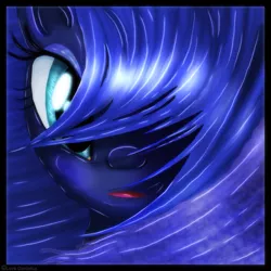 Size: 839x840 | Tagged: alternate hairstyle, artist:lova-gardelius, bangs, bust, derpibooru import, hair over eyes, hair over one eye, looking at you, portrait, princess luna, safe, solo