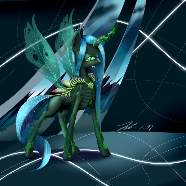 Size: 4000x4000 | Tagged: safe, artist:wreky, derpibooru import, queen chrysalis, changeling, changeling queen, abstract background, alternate design, fangs, female, frown, image, lidded eyes, looking at you, png, signature, slit eyes, smiling, solo, standing