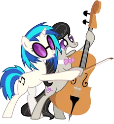 Size: 7000x7580 | Tagged: safe, artist:theholytuna, derpibooru import, octavia melody, vinyl scratch, earth pony, pony, unicorn, absurd resolution, bipedal, bowtie, cello, cutie mark, duckface, female, hooves, horn, mare, musical instrument, simple background, sunglasses, teeth, transparent background, vector