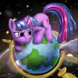 Size: 1000x1000 | Tagged: safe, artist:hereticalrants, derpibooru import, twilight sparkle, pony, unicorn, secret of my excess, cute, female, frown, glare, globe, mare, scene interpretation, solo, space, twilight cat, unicorn twilight