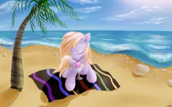Size: 3840x2400 | Tagged: safe, artist:roadsleadme, derpibooru import, oc, unofficial characters only, pegasus, pony, beach, blanket, high res, ice cream, not derpy, ocean, palm tree, solo, sweat, tree