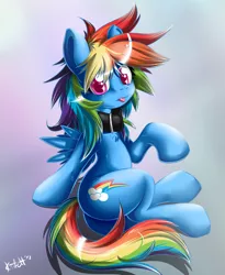 Size: 1050x1282 | Tagged: safe, artist:knifeh, derpibooru import, rainbow dash, pegasus, pony, awesome, chest fluff, collar, cute, female, gradient background, mare, messy mane, plot, solo, tongue out