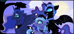 Size: 822x380 | Tagged: safe, artist:locinmon, derpibooru import, nightmare moon, princess luna, pony, chest fluff, lunar trinity, moon, night, s1 luna, tree, woona