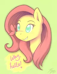 Size: 539x698 | Tagged: dead source, safe, artist:k-y-h-u, derpibooru import, fluttershy, butterfly, pegasus, pony, bust, butterfly on nose, female, heart, insect on nose, mare, no pupils, portrait, signature, simple background, solo