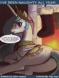 Size: 650x857 | Tagged: suggestive, artist:johnjoseco, artist:kiju axel, derpibooru import, edit, princess celestia, alicorn, pony, ask princess molestia, princess molestia, accidentally featured on eqd, female, hearth's warming eve, mare, plot, solo