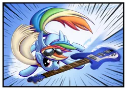 Size: 1000x708 | Tagged: artist:boneitis, clothes, derpibooru import, goggles, guitar, mouth hold, musical instrument, rainbow dash, safe, scarf, solo
