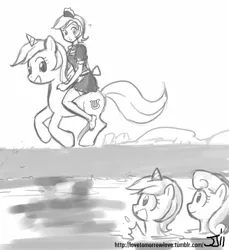 Size: 914x1000 | Tagged: safe, artist:johnjoseco, derpibooru import, bon bon, lyra heartstrings, sweetie drops, human, pony, sea pony, clothes, grayscale, human ponidox, humanized, humans riding ponies, maid, monochrome, seapony bon bon, seapony lyra, self ponidox, species swap, triality