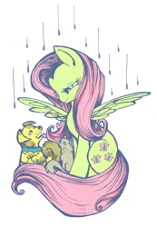 Size: 732x1057 | Tagged: safe, artist:opallene, derpibooru import, fluttershy, cat, dog, pony, cute, looking at each other, rain, shyabetes, spread wings, wing umbrella, wings