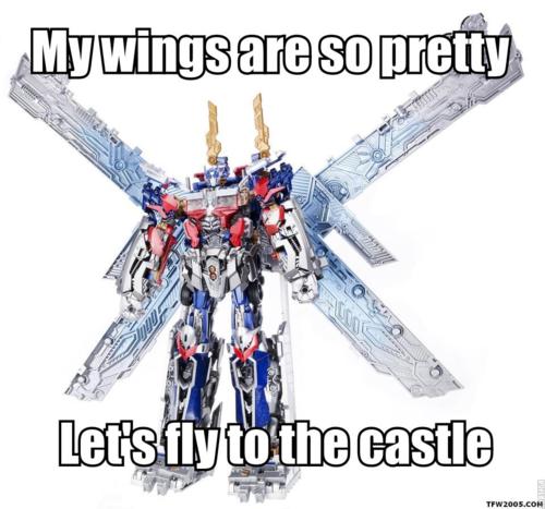 Size: 500x467 | Tagged: derpibooru import, let's fly to the castle, meta, my wings are so pretty, optimus prime, princess celestia, safe, text, transformers