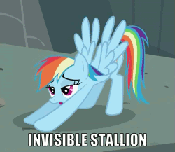 Size: 537x466 | Tagged: suggestive, derpibooru import, edit, edited screencap, screencap, rainbow dash, pegasus, pony, animated, bedroom eyes, caption, exploitable meme, face down ass up, female, implied sex, innuendo, invisible stallion, iwtcird, mare, open mouth, out of context, spread wings, wingboner