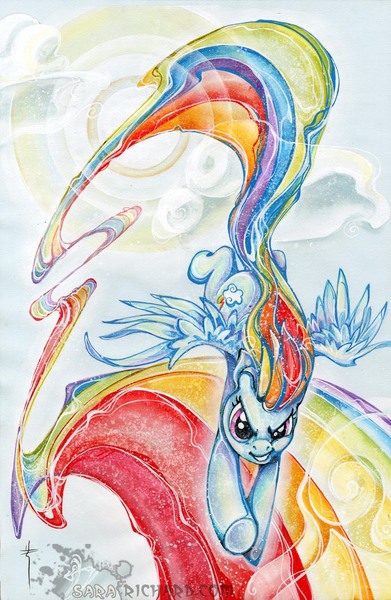 Size: 913x1400 | Tagged: artist:sararichard, derpibooru import, flying, rainbow dash, safe, solo, surreal, traditional art, trail