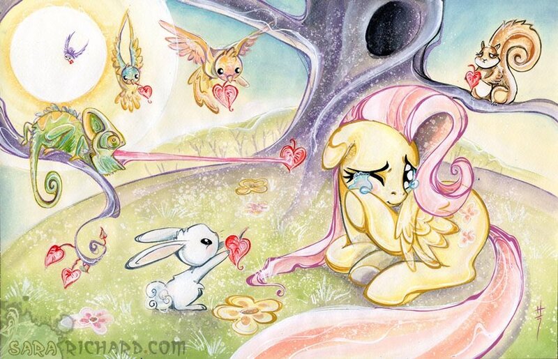 Size: 900x579 | Tagged: animal, artist:sararichard, crying, derpibooru import, fluttershy, safe, traditional art, tree