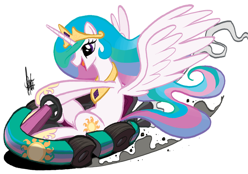 Size: 800x560 | Tagged: artist:theartrix, cute, cutelestia, derpibooru import, go kart, go-kart, happy, irrational exuberance, kart, mario kart, ponykart, princess celestia, racer, safe, solo, spread wings