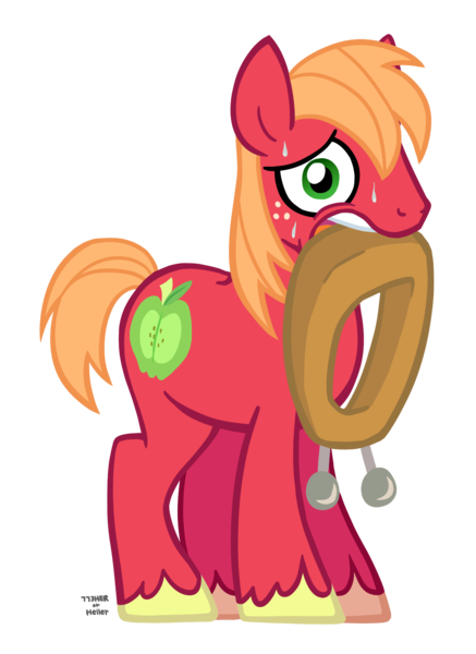 Size: 1601x2200 | Tagged: dead source, safe, artist:773her, derpibooru import, big macintosh, earth pony, pony, male, mouth hold, nervous, solo, stallion