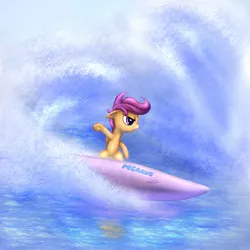 Size: 1000x1000 | Tagged: artist:rayhiros, awesome, derpibooru import, ocean, safe, scootaloo, summer, surfboard, surfing, wet mane