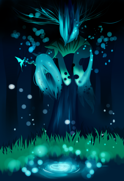 Size: 900x1318 | Tagged: safe, artist:sweetkarleeta, derpibooru import, queen chrysalis, butterfly, changeling, changeling queen, insect, dark, female, flying, forest, glow, grass, image, png, solo, tree, water