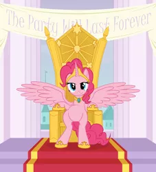 Size: 816x900 | Tagged: safe, artist:averagedraw, derpibooru import, pinkie pie, alicorn, pony, alicornified, element of laughter, hilarious in hindsight, pinkiecorn, race swap, throne, xk-class end-of-the-world scenario