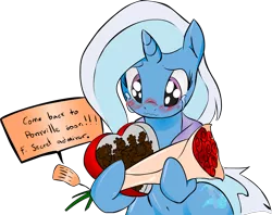 Size: 1851x1468 | Tagged: dead source, safe, artist:zev, derpibooru import, trixie, pony, unicorn, belly button, blushing, crying, female, flower, mare, pinecone, secret admirer, simple background, solo, transparent background, valentine