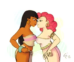 Size: 1059x893 | Tagged: artist:rustydooks, artist:sugar-plum, belly button, bracelet, chel, derpibooru import, human, humanized, loincloth, midriff, pinkie pie, safe, symmetrical docking, the road to el dorado