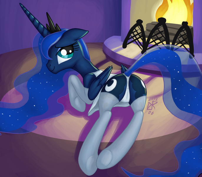 Size: 1280x1120 | Tagged: artist:ldr, bed, bedroom eyes, cameltoe, clothes, derpibooru import, female, hooves, moonbutt, nightgown, panties, plot, presenting, princess luna, questionable, socks, solo, solo female, stockings, thong, underwear