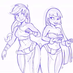 Size: 945x945 | Tagged: applebucking thighs, applejack, artist:megasweet, bandeau, belly button, bracelet, breasts, butt bump, butt to butt, butt touch, chel, cleavage, crossover, derpibooru import, female, humanized, loincloth, midriff, monochrome, safe, the road to el dorado