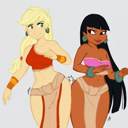 Size: 945x945 | Tagged: applebucking thighs, applejack, artist:deeriojim, artist:megasweet, belly button, bracelet, breasts, butt bump, butt to butt, butt touch, chel, cleavage, crossover, derpibooru import, female, human, humanized, loincloth, midriff, safe, simple background, the road to el dorado, wide hips