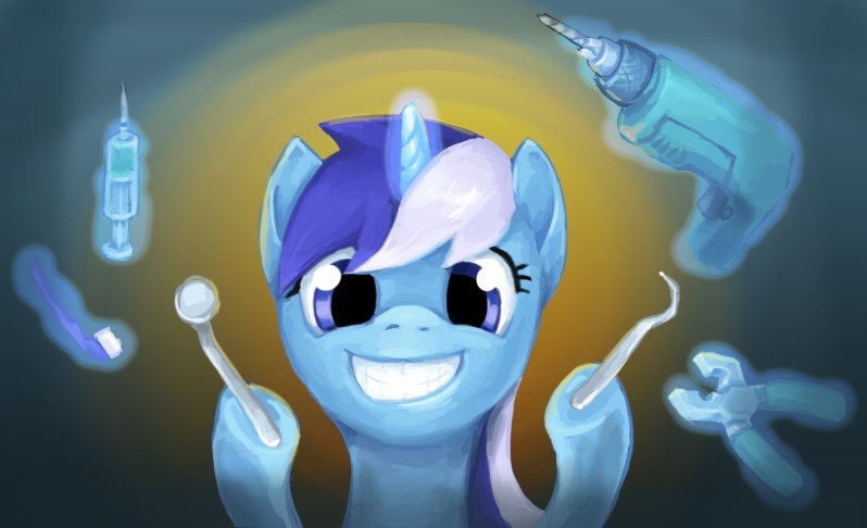 Size: 798x486 | Tagged: safe, artist:vapgames, derpibooru import, minuette, pony, unicorn, dentist, drill, female, levitation, magic, mare, needle, syringe, telekinesis, toothbrush